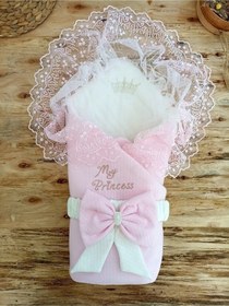 Resim Unisex Bebek Kundağı & Battaniyesi - Ekru & Dantelli Hastane Çıkışı & Mevlütlük - %100 Pamuklu Pembe 