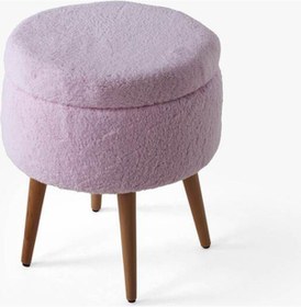 Resim Teddy Ahşap Ayaklı Sandıklı Yuvarlak Puf Makyaj Masası Pufu - Dekoratif Ayak Uzatma Pufu Pembe 