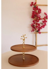 Resim 2 Katlı 21/25 Cm Gold Çiçekli Ahşap Kek Sunum Standı 