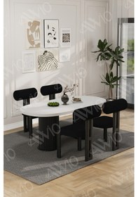 Resim Avvio Cydney Serisi Bohem Ayak 4'lü Metal Pofi Demonte Sandalye 80x140 Masa Sandalye Takımı Beyaz Masa Sandalye Siyah Kumaş Siyah 