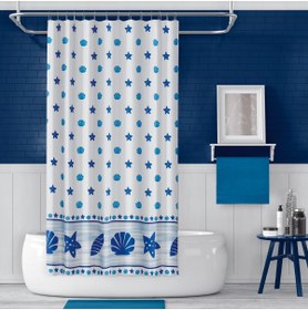 Resim Zethome Banyo Perdesi Seti Mavi 110x200 Duş Perdesi , 90x130 Banyo Perde Borusu Beyaz Askı Aparatı Hediyeli 