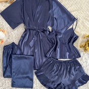 Resim Kadınların Tüm Mevsim V-Yaka Pijama Takımı - Rahat, Seksi, Polyester 4 adet Uyku Giysisi, Bağcıklı Bel ve Bağcıklı Şortlu, Sonbahar ve Kış için Mükemmel, Sonbahar Kış Uyku Giysisi | Şık Uyku Giysisi | Polyester Kumaş 