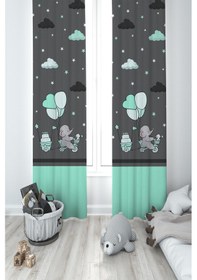 Resim Mekta Home Bebek Ve Çocuk Odası Yeşil Bulutlu Ve Bisikletli Fil Desenli 2 Kanat Fon Perde 