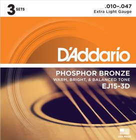 Resim D'Addario EJ15-3D Phosphor Bronze Akustik Gitar Teli - Extra Light (10-47) (3'lü Paket) 