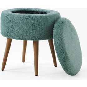 Resim Teddy Ahşap Ayaklı Sandıklı Yuvarlak Puf Makyaj Masası Pufu - Dekoratif Ayak Uzatma Pufu Yeşil 
