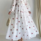 Resim Kadınlar için Şık Kırmızı Gül Baskılı Uzun Kollu Elbise - Polyester Esnemez Makinede Yıkanabilir, Yuvarlak Yaka Tüm Sezonlara Uygun Geleneksel Tarz, Resmi Giyim, Rahat Kullanım 