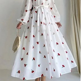 Resim Kadınlar için Şık Kırmızı Gül Baskılı Uzun Kollu Elbise - Polyester Esnemez Makinede Yıkanabilir, Yuvarlak Yaka Tüm Sezonlara Uygun Geleneksel Tarz, Resmi Giyim, Rahat Kullanım 