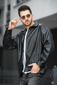 Resim Vella Vintage Oversize Erkek Deri Ceket - SIYAH / S 