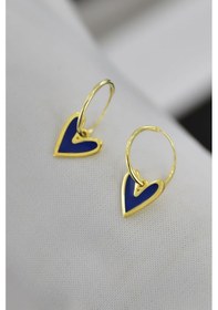 Resim Papatya Silver 925 Ayar Gümüş Altın Kaplama Lacivert Mineli Kalp Halka Küpe 