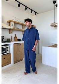 Resim Flaw Basic Oversize Kısa Kol Keten Gömlek Lacivert-26085 Lacivert 