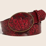 Resim 1 Adet Kadınlar İçin Vintage Batı Çiçek Desenli Kabartmalı PU Kemer - Bordo Altın Vurgulu, Alaşımlı Toka, Günlük Kullanım, Düğünler ve Partiler için Çok Yönlü 