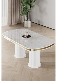 Resim Canisa Galya Serisi Lak Panel 90x168 Sabit Beyaz Mermer Desen Mutfak Masa Takımı 6 Siyah Sandalye Beyaz Mermer Desen Masa Siyah Sandalye Gold Ayak 
