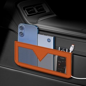 Resim Araba koltuk arkası düzenleyici - Çok fonksiyonlu depolama çantası, çöp kutusu ve telefon tutucu, merkezi konsol ve koltuk arkası için kolay kurulum, dağınık alanlar için bir çözüm, araba düzenleme | Şık araba aksesuarı | Deri imitasyonu yapısı 