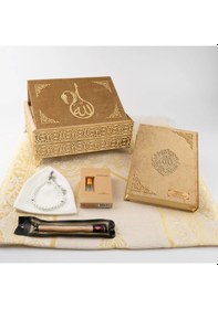 Resim Kuran + Seccade + Tesbih + Takke + Esans + Misvak Hediye Seti Orta Boy, Raşel Cilt, Gold 