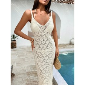 Resim Jinx Wear Fashion Kadınlar Için Ajurlu Uzun Triko Ip Askılı Elbise Trend Alaçatı Plaj Tatili Için Mükemmel 
