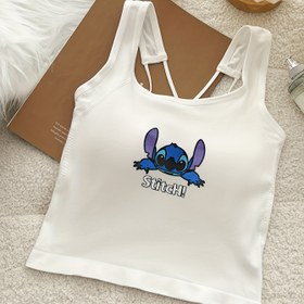 Resim Disney Stitch Kadınlar İçin Seksi Omuz Açık Askılı Üst ve Dahili Sütyenli - Kolsuz Karikatür Baskı, Her Mevsim Uygun Günlük Giyim, Eğlenceli Şık Giysi, Rahat Kalıp, Pürüzsüz Dokulu Malzeme 