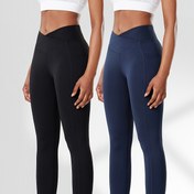 Resim İki Paket Kadın Yüksek Bel Kompresyon Tayt, Yan Çift Cepli V Cross Karın Kontrol Fitness Koşu Antrenman Bisiklet Kalça Kaldırma Hızlı Kuruyan Esnek Spor Uzun Pantolonlar, Egzersiz Giysileri, Şortlu Jogger, Çantalı Pilates Etekler 