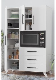 Resim AE-2074 Aras Beyaz Çok Amaçlı Mutfak Dolabı&Banyo Dolabı,Kiler, 3 Kapaklı, 3 Çekmeceli, Fırın bölme Beyaz 
