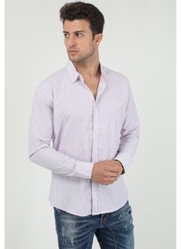 Resim Erkek Kalın Dik Çizgili Uzun Kollu Slim Fit Gömlek 21y-4300599 Lila Lila 