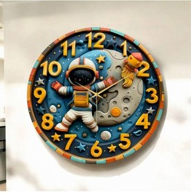 Resim Renkli Baskı Astronot Uzay Çocuk Desenli Sayılı Hediyelik Ahşap Sessiz Duvar Saati 50cm ÇOk Renkli 