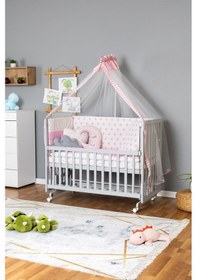 Resim Ahşap Beşik Anne Yanı Beşik Gri 60x120 - Pembe Yıldız 3 Yastıklı Uyku Seti+yataklı+tekerlekli Gri 