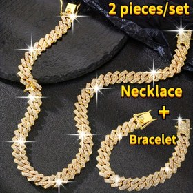 Resim 1 adet/2 adet Kolye Bilezik Seti, Zirkonya Küba Rombo Zincirli Kolye, Hip Hop Miami Kolye Aksesuarları Erkekler için 