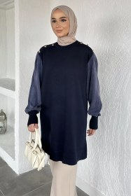 Resim Gülseli Bisiklet Yaka Düğme Detaylı Tesettür Triko Tunik Lacivert TZL-P-00020678 