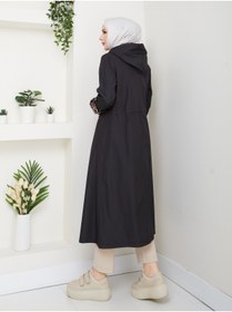 Resim RACE FASHİON Leopar Desenli Bondit Kumaş Beli Lastikli Kapüşonlu Tesettür Trençkot RC1205010 