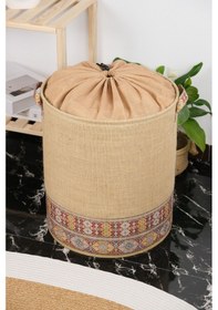 Resim Garnili Etnik Tarz Fileli Jüt Sepet - Kıyafet Havlu Kirli Çamaşır Sepeti 37 X 40 Bej 