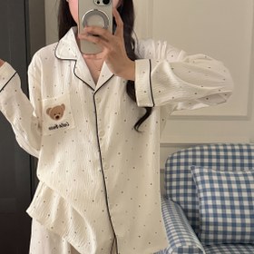 Resim Kadınlar İçin Rahat Uzun Kollu Pijama Takımı - "Ayı" Baskılı, Yumuşak, Günlük Ev Giyim, Tüm Mevsim Konforu, Sonbahar & İlkbahar İçin Mükemmel, Günlük Giyim|Rahat Pijamalar, |Yumuşak Kumaş Pijamalar, Kadın Pijamaları, Kadınlar İçin Büyük Beden Pijamalar 