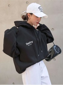 Resim ORLONTEX Kadın Sıyah Destiny Baskı Oversize Kapüşonlu Sweatshirt 
