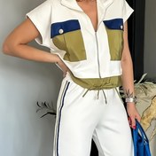 Resim Büyük Cep Detaylı, Elastik Kolsuz, Fermuarlı, Yaka Detaylı, Kadınlar İçin Şık Renk Bloğu Üst ve Pantolon Takımı, Polyester, Bahar/Yaz İçin Mükemmel, Rahat Spor Stili, Rahat Spor Giyim|Şık Rahat Giyim|Polyester Kumaş 
