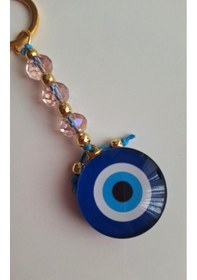 Resim Hediyelik Nazar Boncuklu Kristal Pembe Boncuk Detaylı Anahtarlık - Çanta Süsü - Çanta Charmı 11,5 Cm 