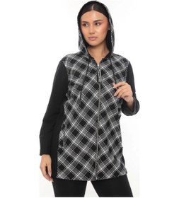 Resim Lady Majestic Ekose Kapüşonlu Fermuarlı Büyük Beden Spor Şık Hırka Siyah 
