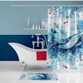 Resim Banyo Paspas Ve Tek Kanat Duş Perdesi 1x180x200 Set Banyo Halısı Whale 
