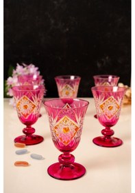 Resim Mest 6 Kişilik Pembe Özel Yapım El Işçiliği Ayaklı Cam Kahve Yanı Su Bardağı Seti 200 Cc - Zarif Tasarım Pembe 