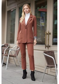 Resim Yakalı Cepli Uzun Kol Kolu İsterse Katlanabilen Kumaş Blazer Ofis Ceket-koyu Taba K.taba 