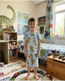 Resim Aliş Kids Erkek Çocuk Pamuklu Mavi Renk Dinozor Desenli Kısa Kollu Şortlu Yazlık Pijama Takımı 