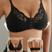 Resim 1 adet Şık Siyah Dantel Detaylı Kablosuz Bralette, Ön Kapanışlı, Nefes Alabilir ve Dikişsiz Hafif Destek, Bahar/Yaz için, Ped Olmayan Rahat Uyum, Sırtı Açık Tasarım, Dantel Detay 