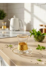 Resim Gold Petek Desenli Cam Tabaklı 12 Parça Çay Seti Altın - Şeffaf 