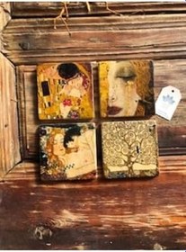 Resim Oscar Stone Decor Taş Bardak Altlığı Stone Coasters - 4 Lü Set(10 Cmx10 Cm) Gustav Klimt Ba477 