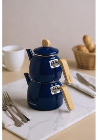 Resim Sultan - Bambu Kulplu Emaye Çaydanlık Takımı Lacivert 
