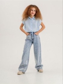Resim Zekids Kız Çocuk Paçası Varak Detaylı Denim Pantolon-13916-mavi Mavi 