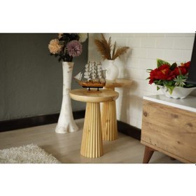 Resim 2'li Ahşap Renk Konik Yan Sehpa Kahverengi 