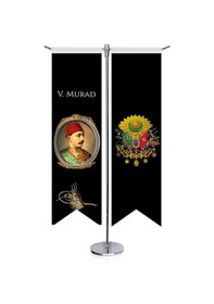 Resim Osmanlı Padişahları - V. Murad Ve Osmanlı Arması - Kırlangıç - Saten T Direk 2li Masa Bayrağı 1 