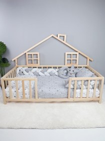 Resim zerkaconcept Porto Ithal Ladin Ahşap Çatılı Montessori Çocuk Karyola 120*200 Cm kvs1111 