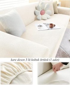 Resim Upmall Lastikli Yikanabilir Kare Desen 3kişili Koltuk Örtüsü Krem 