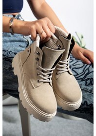 Resim Krem Süet Bağcıklı Yüksek Taban Kadın Bot Krem 