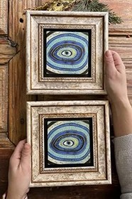 Resim Oscar Stone Decor Çerçeveli Taş Duvar Dekoru Tablo 20x20cm 2'li Set Nazar Göz 