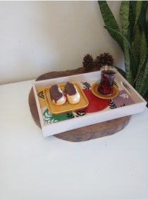 Resim ASLI El Boyaması Desenli Ahşap Dikdörtgen Model Çay , Kahve , Söz Nişan Dekoratif Servis Sunum Tepsisi 